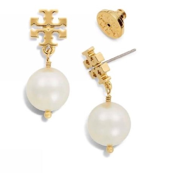 Tory Burch NWOT Gold Crystal Pearl Drop Earrings - Picture 2 of 5